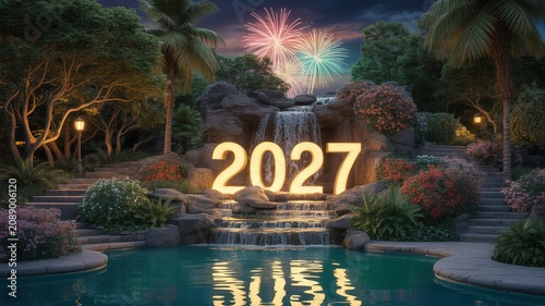 Glowing 2027 new year display by tropical waterfall and pool with colorful fireworks twilight garden venue for festive celebration designs