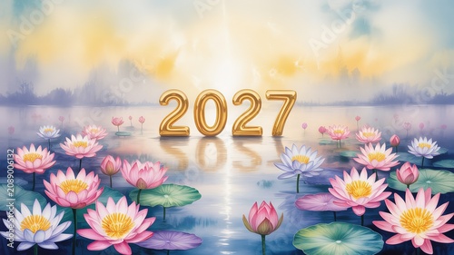 Serene Misty Lake with Pink and White Lotus Blooms Gilded 2027 New Year Design for Calm Festive Greeting Cards and Wellness Themed Decor