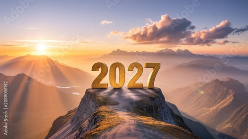 New Year 2027 Gilded Numerals on Mountain Peak Bathed in Warm Sunrise Glow with Layered Misty Mountain Ranges for Inspirational Greeting and Business Design Projects