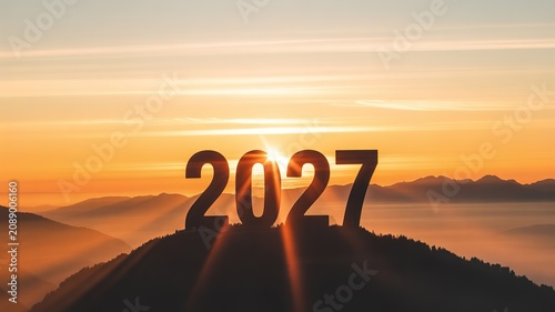 New Year 2027 Bold 3D Numbers Perched on Misty Mountain Peak Backlit by Warm Golden Sunrise for Greeting Cards Event Posters and Inspirational Visuals