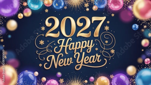 Luxe Festive 2027 New Year Greeting Design with Ornate Gold Typography Glossy Multicolor Baubles Sparkling Fireworks and Golden Snowflakes on Deep Navy Backdrop for Cards Banners and Digital Displays