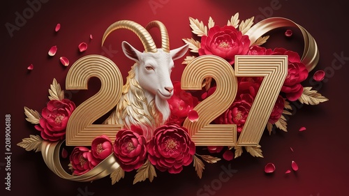 New Year 2027 Luxurious Festive Design with Gilded Ram Head Lush Red Peonies Golden Accents on Deep Burgundy Backdrop for Holiday Greeting Cards Banners and Decor