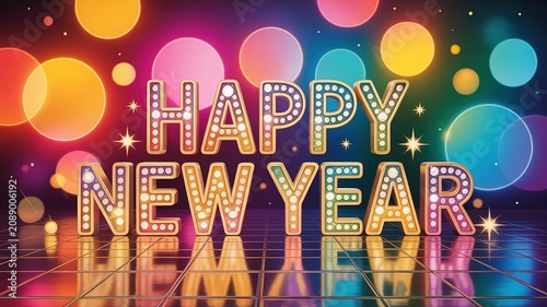 Vibrant retro marquee style glowing lettering for 2027 new year celebration on reflective tiled floor with colorful bokeh background ideal for party invites greeting cards and festive digital designs