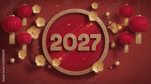 2027 New Year opulent traditional Chinese themed display with deep red textured backdrop hanging silk lanterns gilded plum blossoms and ornate circular frame for festive greetings invitations