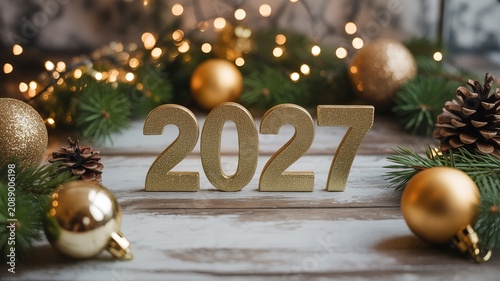 New Year 2027 Warm Festive Setup with Glittery Golden Numerals Pine Branches Ornaments and String Lights on Distressed Wooden Surface for Holiday Greeting Designs
