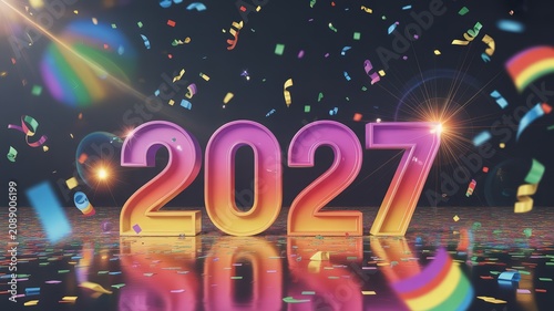 New Year 2027 Vibrant Gradient 3D Numbers with Colorful Confetti Sparkles Lens Flare on Reflective Dark Surface for Festive Party Invitations Greeting Cards and Event Promotions