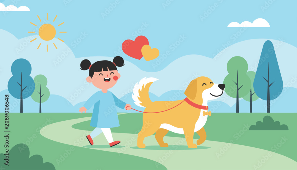 Fototapeta premium Cute young girl walking her happy dog on a red leash in a sunny park under floating love heart symbols.