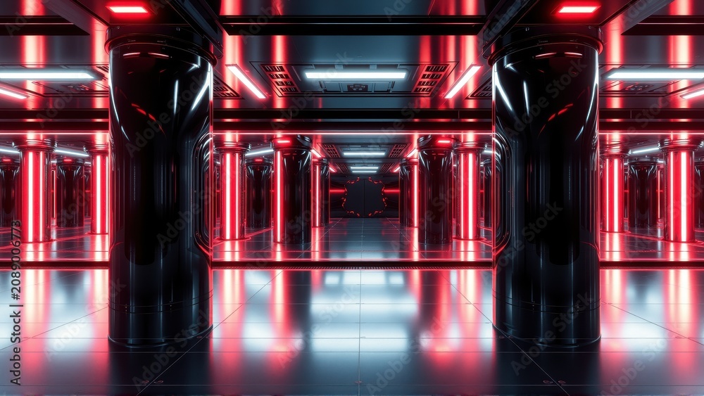 Fototapeta premium Futuristic corridor. Dark sleek design. Red, blue lights create dramatic reflections. Minimalist architecture, symmetrical composition.