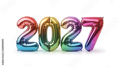 Holographic gradient foil number balloons forming 2027 new year for festive party invites greeting cards and celebratory event visuals on clean white background