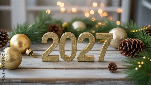 Luxurious 2027 New Year festive arrangement with glitter gold numerals pine branches baubles and pinecones on rustic wooden surface with warm bokeh lights for holiday greeting cards and seasonal decor