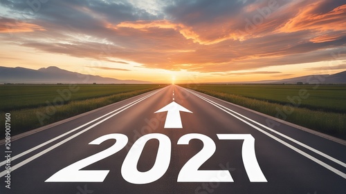 2027 New Year Forward Moving Path Through Golden Sunset Green Fields and Distant Mountains for Inspirational Future Themed Designs and Presentations