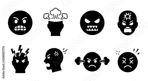 Konstfotografi Angry Face Icons, Frustrated Expressions, Rage Symbols, Vector Set for Emotion a