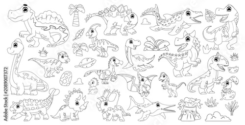 Cute Dinosaur Cartoon Set with Hand Drawn Black Outline Style for Kids Coloring Pages, Nursery Clipart