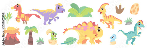 Cute Dinosaur Illustration Collection with Hand Drawn Style Featuring Stegosaurus, Pachycephalosaurus, Dilophosaurus, Parasaurolophus and Velociraptor for Kids Nursery