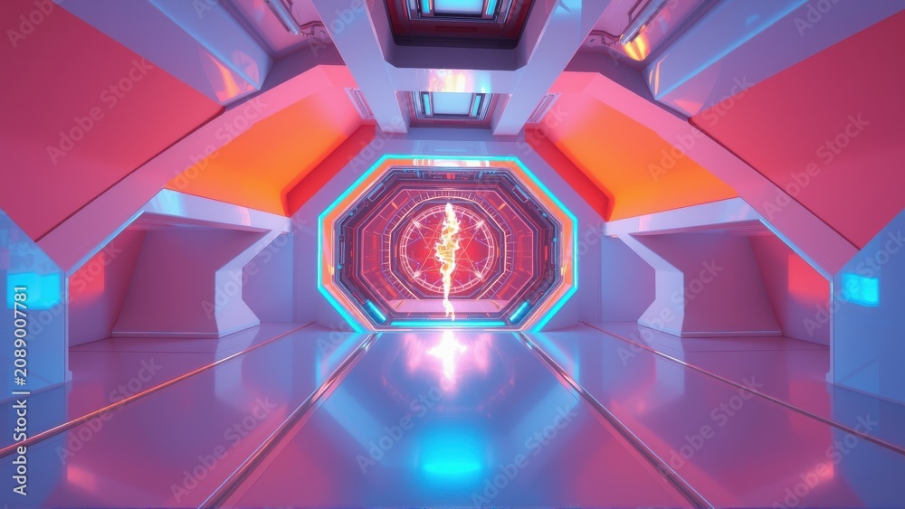 Fototapeta premium Futuristic corridor. Bright neon lights illuminate sleek walls. Central energy source glows intensely, creating dramatic perspective.