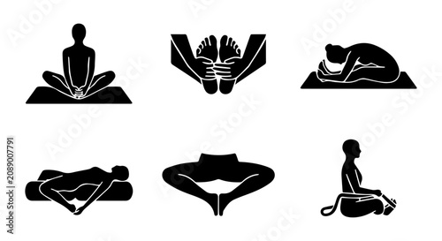 Obraz na płótnie Yoga Poses Icons: Seated, Forward Fold, Reclining, and Bound Poses Vector Set