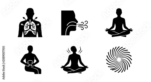 Schilderij op canvas Breathing Exercise Icons, Yoga Meditation Silhouettes, Respiratory Health Symbol