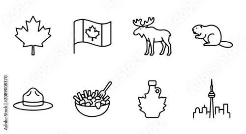 Photography Canadian Icons Vector Set: Maple Leaf, Flag, Moose, Beaver, Poutine, CN Tower