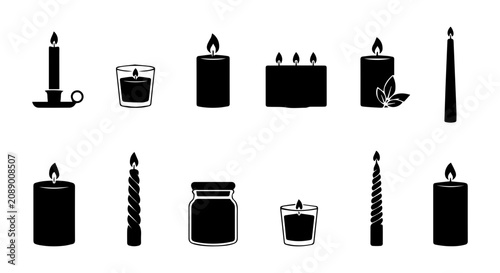 Foto Candle Icons Set: Various Shapes, Jar, Pillar, Taper, Tealight, Vector Graphics
