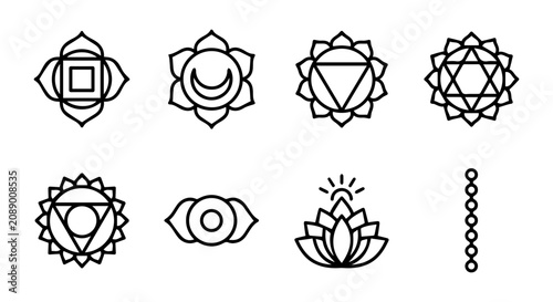 Canvastavla Chakra Symbols Vector Icons Set, Spiritual Energy Centers, Yoga Meditation Graph