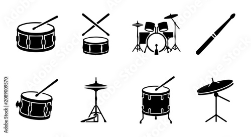 Fotografia Drum Kit Icons, Percussion Instruments, Music Symbols, Vector Set