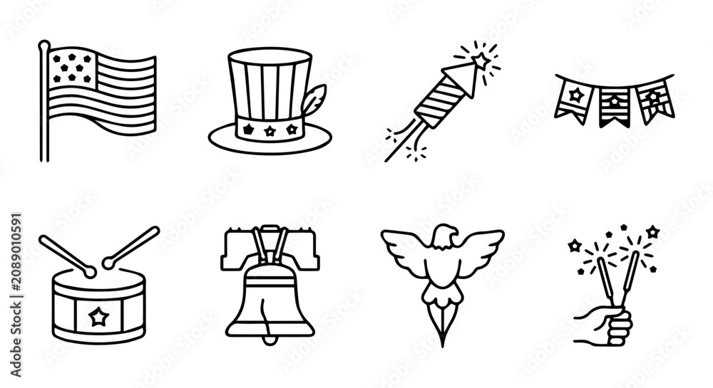 Fototapeta premium American Independence Day Icons: Flag, Uncle Sam Hat, Fireworks, Liberty Bell, Eagle, Drum, Garland