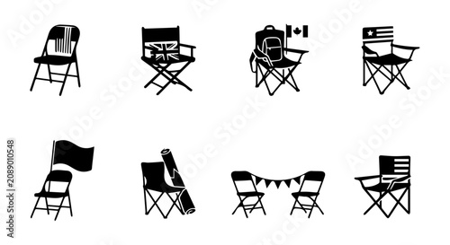 Tableau sur toile Director Chairs, Folding Chairs, Camping Chairs, Outdoor Seating Icons Set