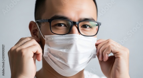 Man putting on white face mask, looking ahead