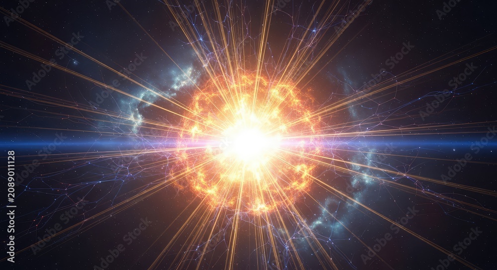 Fototapeta premium A magnificent explosion of celestial light radiates from a central glow, casting golden beams across an ethereal, atmospheric background, rays, light, spiritual