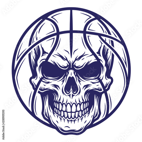 A detailed monochromatic of a human skull integrated into the of a basketball, featuring bold dark blue lines on at-shirt poster white background, sports branding and