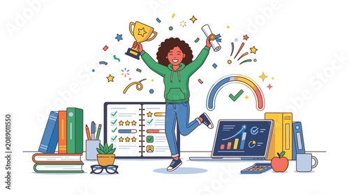 A joyful woman celebrating success with a trophy and smartphone surrounded by books, a laptop, and colorful office supplies on a white background with a playful and achievement-oriented