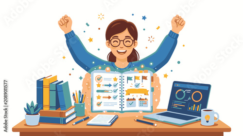 Cheerful young woman celebrating with raised arms while working at a desk with books, laptop, and colorful notes in a joyful and productive mood.
