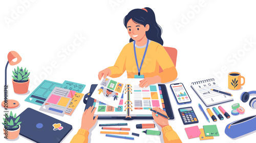 A woman sits at a desk surrounded by design materials and color swatches with two hands holding design tools in a bright and organized workspace.