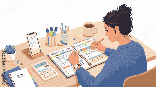 Woman planning schedule on a calendar with office supplies on a desk in a home office setting with a casual and organized mood.