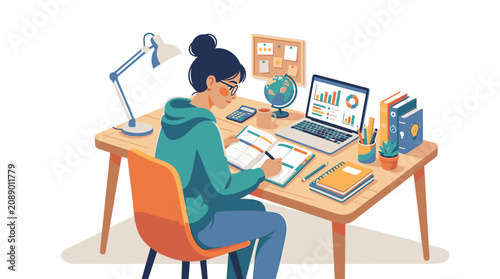 A woman sits at a desk working on papers with a laptop and office supplies around her on a plain background.
