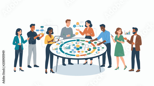 Illustration of a diverse group of adults gathered around a table with a colorful circular diagram in a modern office setting with a professional mood.