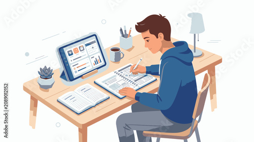 Illustration of a young man sitting at a desk working on documents with a computer and office supplies in a modern workspace with a calm mood.