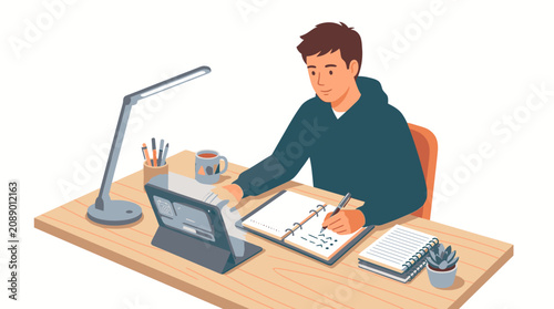 A man sits at a desk working on a laptop and writing in a notebook with office supplies and a lamp on a light brown wooden desk against a plain white background.