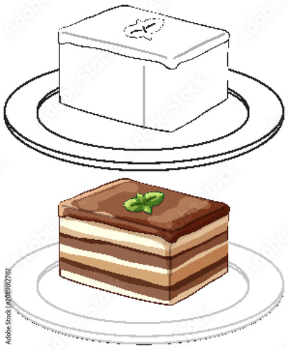 Layered Chocolate Cake Slice with Mint Leaf on a Plate