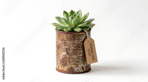 Succulent Plant in Rusty Upcycled Tin Can with Sustainable Living Tag