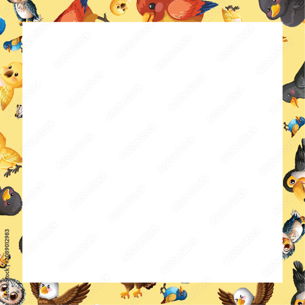 Fototapeta premium Cute Cartoon Bird Frame with Central White Copy Space