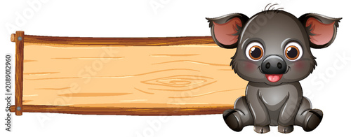 Cute Cartoon Wild Boar Sitting Next to Blank Wooden Sign