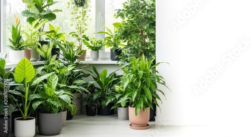 A sunlit indoor sanctuary filled with various potted plants, featuring lush green foliage and a cozy atmosphere creating a botanical oasis, lush, oxygen, potted