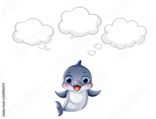 Cartoon Dolphin Character with Empty Thought Bubbles on White Background
