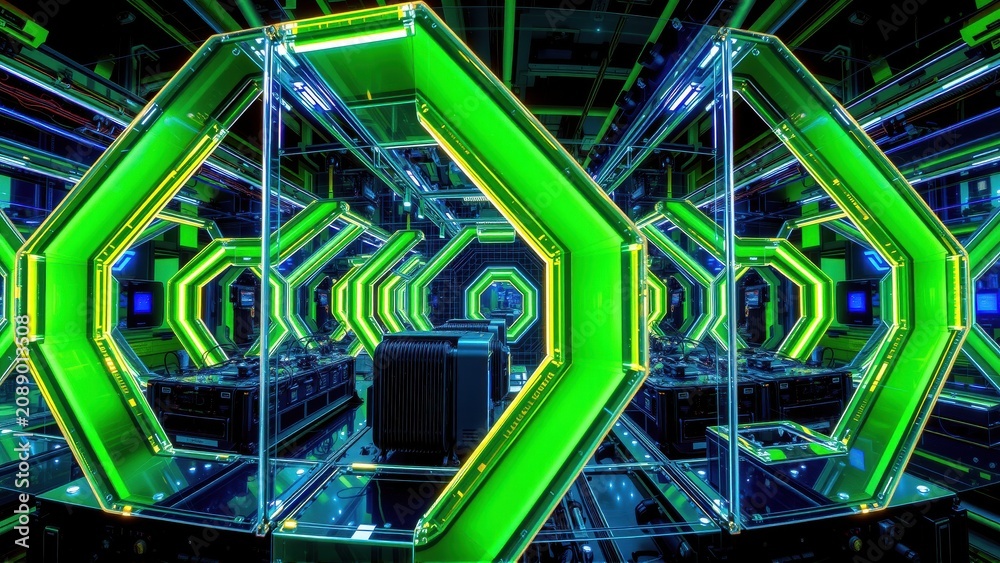 Fototapeta premium Hexagonal mirrors create infinite reflections. Bright neon green lights illuminate dark space, forming tunnel illusion. Futuristic design.