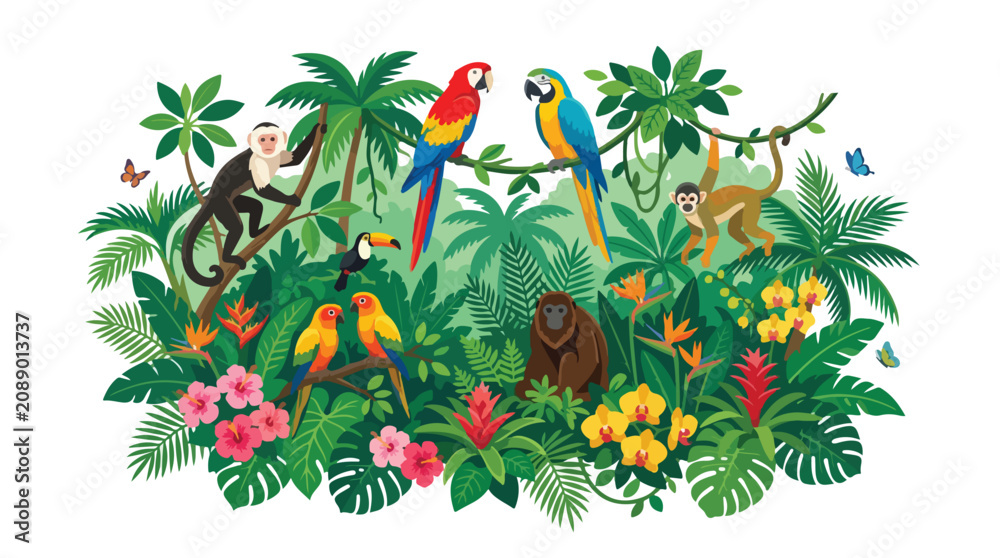 Naklejka premium Tropical Amazon rainforest wildlife illustration featuring monkeys macaws parrots and toucan among lush jungle plants exotic flowers and palm trees on a white background