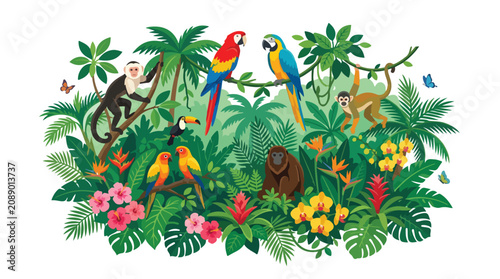Tropical Amazon rainforest wildlife illustration featuring monkeys macaws parrots and toucan among lush jungle plants exotic flowers and palm trees on a white background