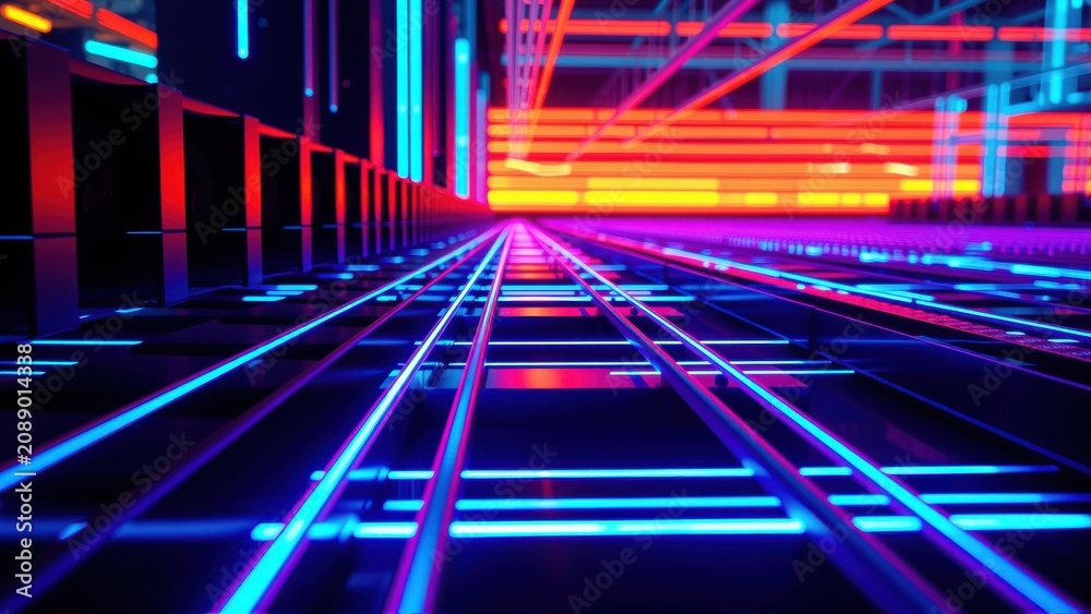 Fototapeta premium Neon lines converge toward distant point. Vivid blues, reds dominate dark space. Futuristic tunnel creates immersive visual experience.