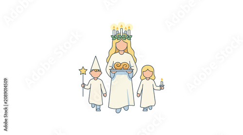 Saint Lucia Day celebration with children, Lucia bride, star boy, and accompanist