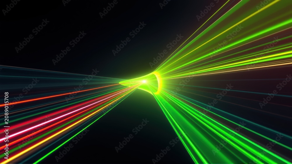 Fototapeta premium Bright streaks radiate from central point. Vivid colors create tunnel effect against black background. Dynamic, energetic composition.